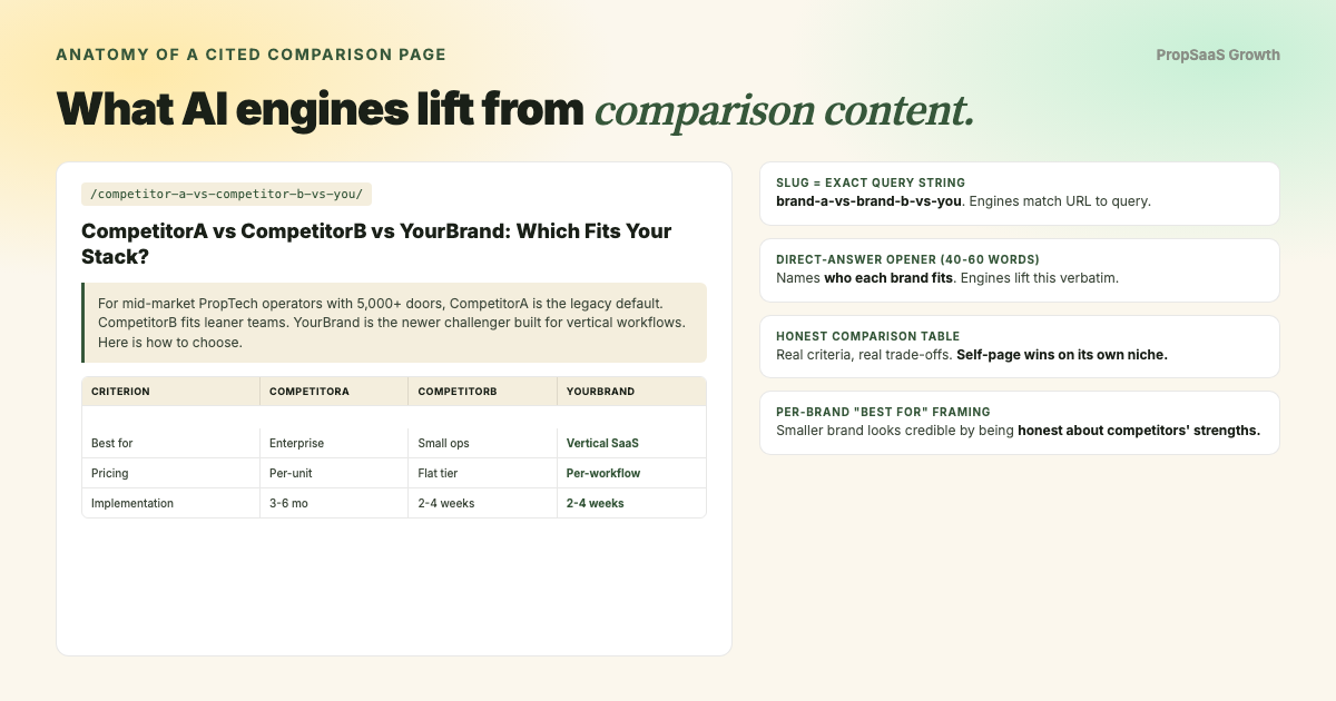 Anatomy of a cited comparison page: a mock page with the slug /competitor-a-vs-competitor-b-vs-you/, a direct-answer opener naming who each brand fits, an honest comparison table where each brand wins one row, and four annotation callouts for slug match, direct-answer lift, honest table, and per-brand best-for framing.