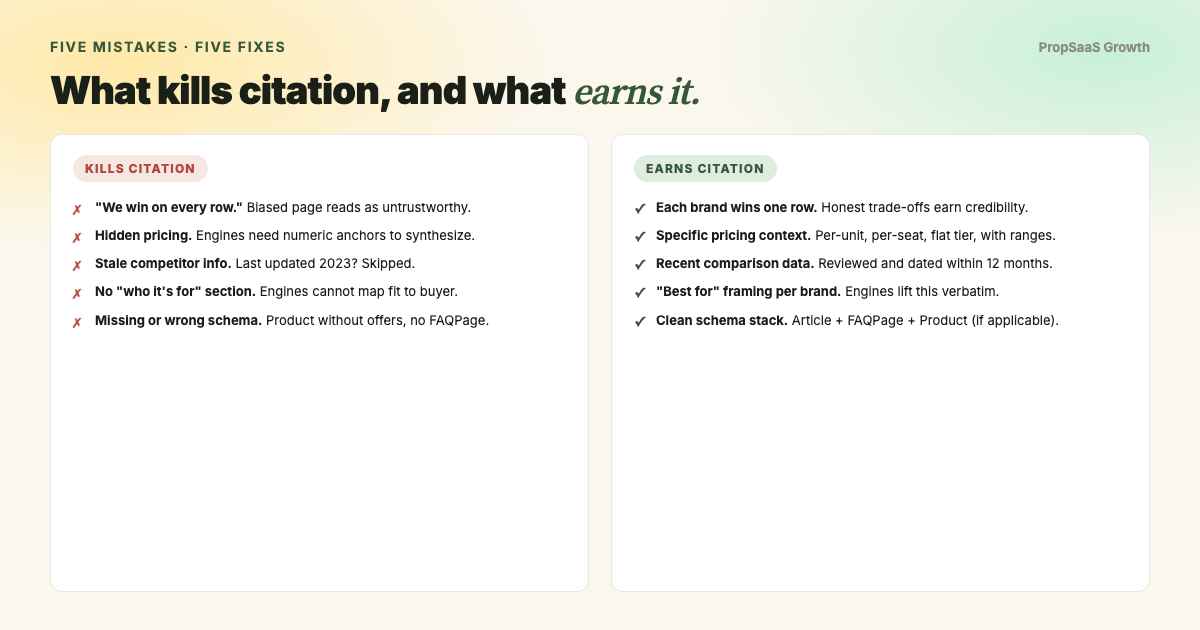 Five mistakes that kill citation, five fixes that earn it: biased 'we win on every row' vs each brand wins one row; hidden pricing vs specific pricing context; stale competitor info vs recent comparison data; no 'who it's for' section vs 'best for' framing per brand; missing schema vs clean schema stack.