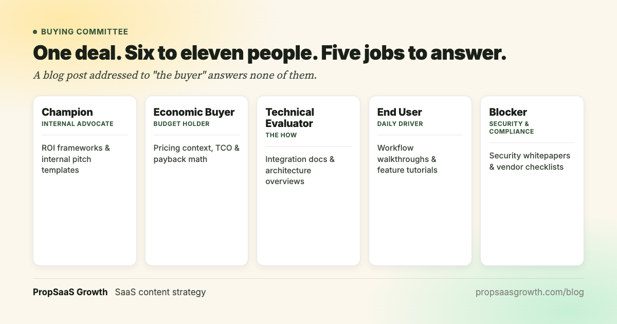 The B2B SaaS buying committee mapped to content: five roles, each needing a different asset. Champion needs ROI frameworks, Economic Buyer needs pricing and TCO, Technical Evaluator needs integration docs, End User needs workflow guides, Blocker needs security whitepapers.