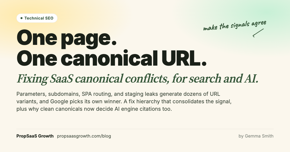 How to fix SaaS canonical conflicts: one page, one canonical URL. Make the signals agree, for search and AI. PropSaaS Growth.