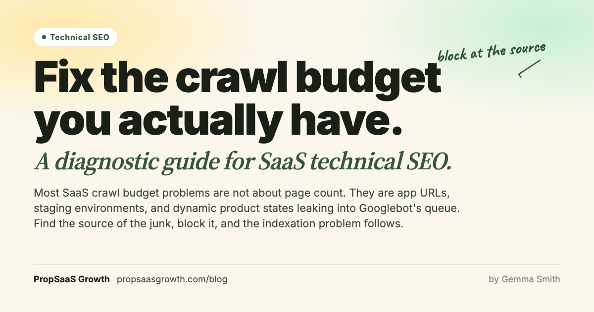 How to fix SaaS crawl budget: a diagnostic guide. Block leaked app and staging URLs at the source. PropSaaS Growth.