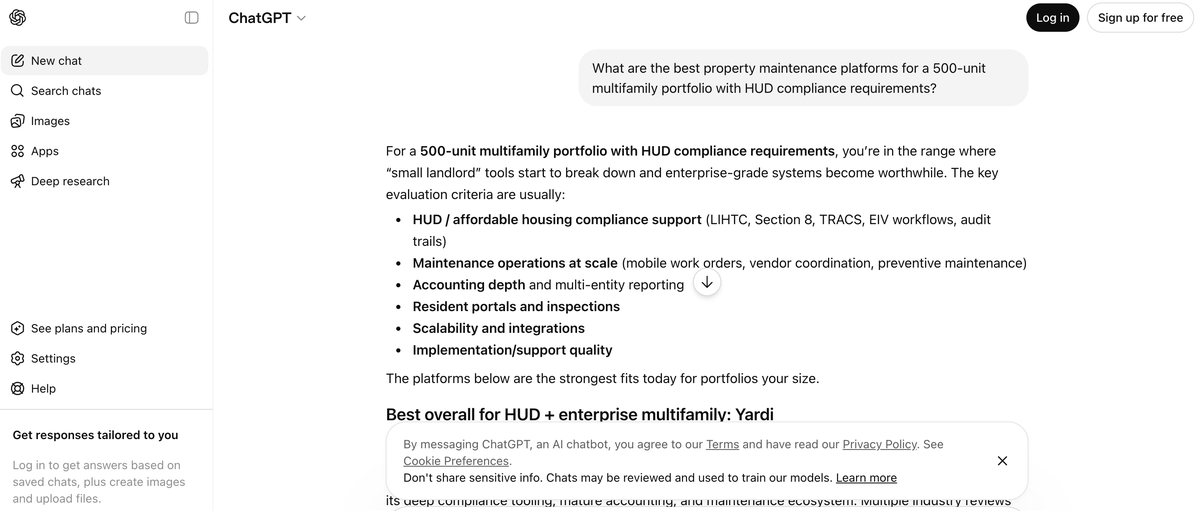 Screenshot of ChatGPT answering 'What are the best property maintenance platforms for a 500-unit multifamily portfolio with HUD compliance requirements?' and recommending Yardi as the best overall option