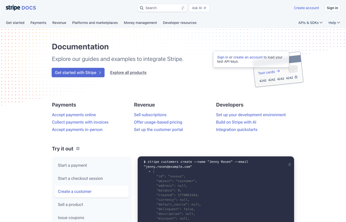Screenshot of the Stripe Docs landing page showing categorized navigation, named anchor links, and embedded code samples