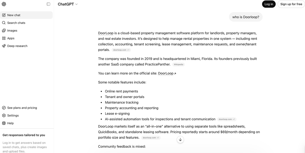 Screenshot of ChatGPT answering 'who is DoorLoop?' with a description of the company, its founding, and feature list
